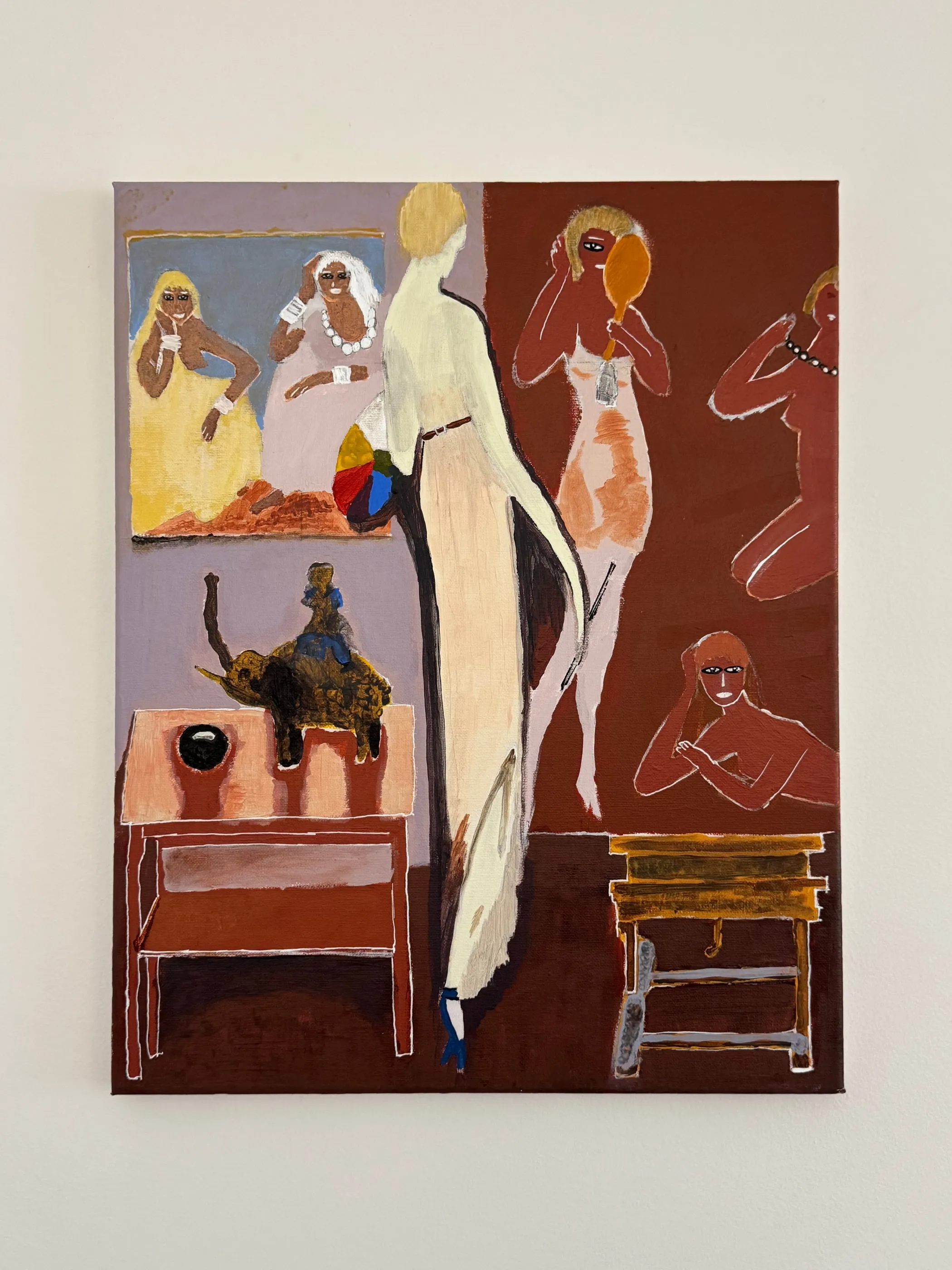 A figurative painting of people gathered in a richly coloured interior
